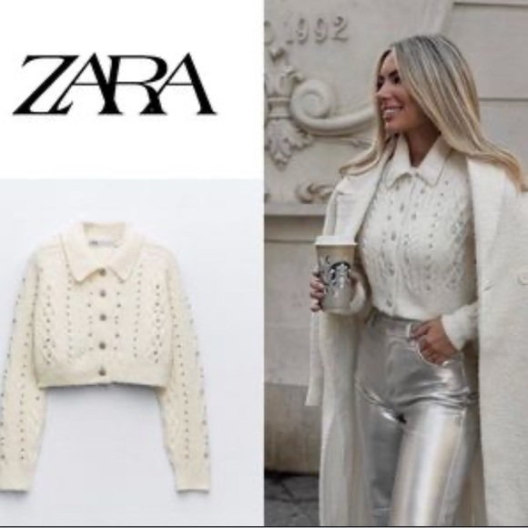 Zara Sweaters - 🤍 BEADED CROP KNIT CARDIGAN